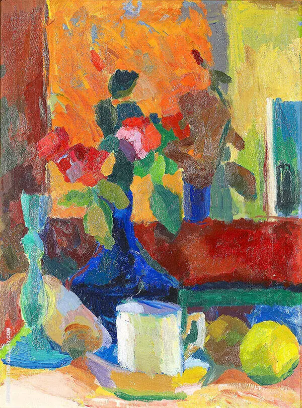 Still Life With Flowers In Vase And Fruits By Karl Isakson