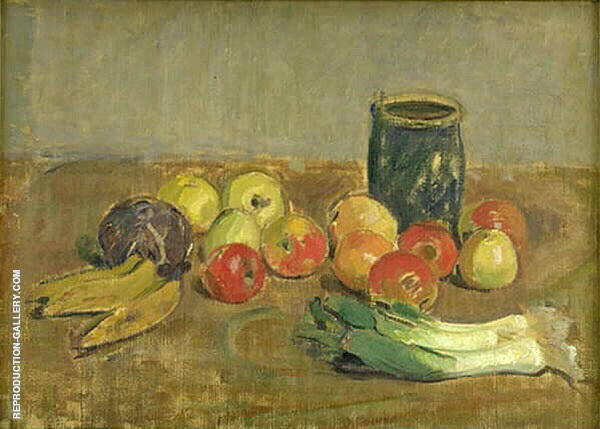 Still Life Apples Leeks Bananas and Green Jar | Oil Painting Reproduction