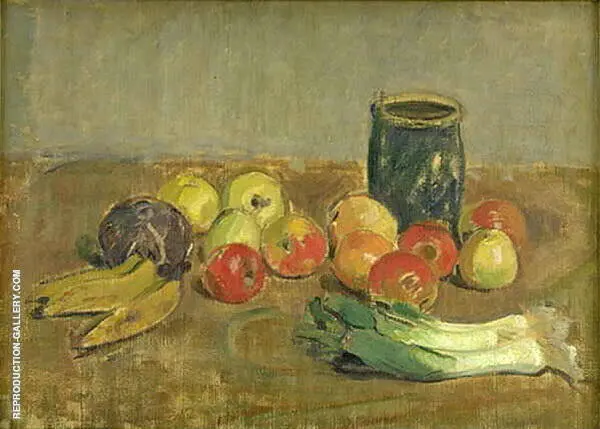 Still Life Apples Leeks Bananas and Green Jar By Karl Isakson