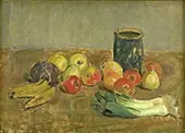 Still Life Apples Leeks Bananas and Green Jar By Karl Isakson