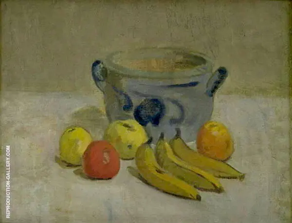 Still Life with Grey Jar Apples and Bananas By Karl Isakson