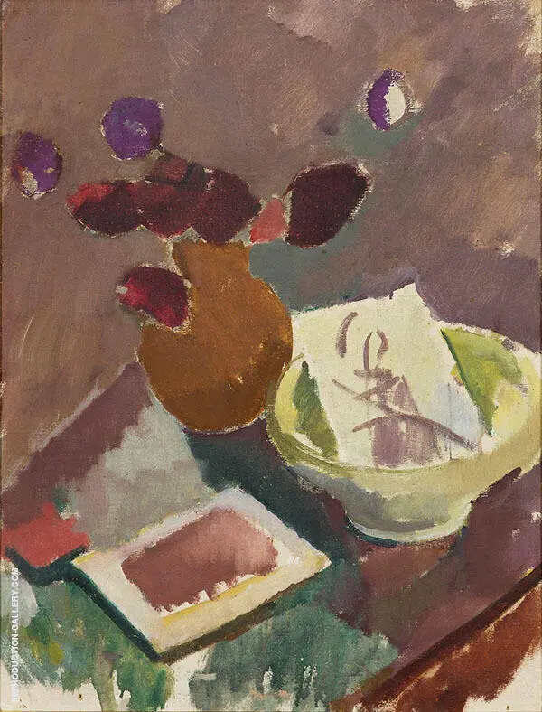 Still Life with Red Flowers in Brown Vase 1915 By Karl Isakson