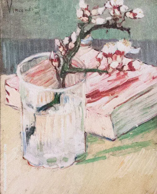 Blossoming Almond Branch in a Glass with a Book By Vincent van Gogh