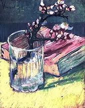 Blossoming Almond Branch in a Glass with a Book By Vincent van Gogh