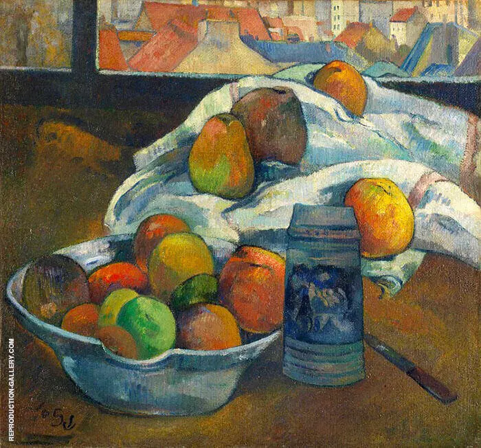 Bowl of Fruit and Tankard before a Window By Paul Gauguin