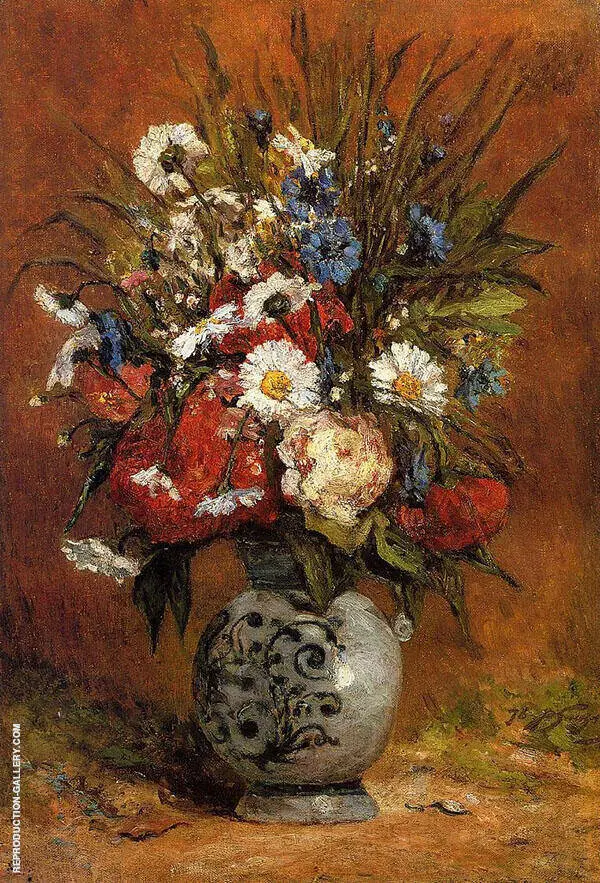 Daisies and Peonies in a Blue Vase 1876 By Paul Gauguin