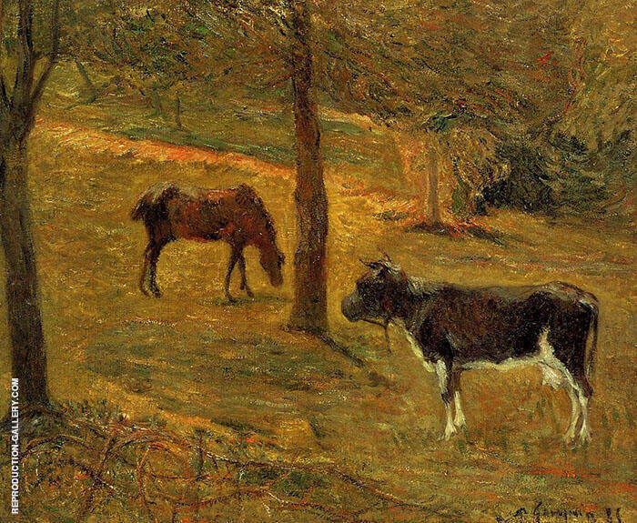Horse and Cow in a Field 1885 by Paul Gauguin | Oil Painting Reproduction