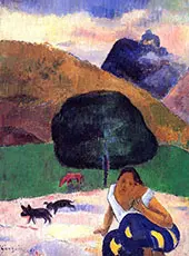 Landscape with Black Pigs and a Crouching Tahitian 1891 By Paul Gauguin
