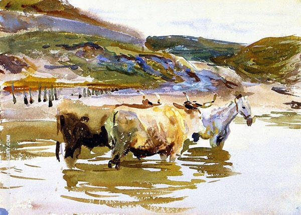 A Horse and Two Oxen at a Ford | Oil Painting Reproduction