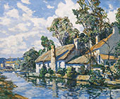 Sunlit Cottages by a River By Walter Elmer Schofield