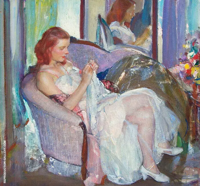Young Lady Sewing By Richard Emil Miller