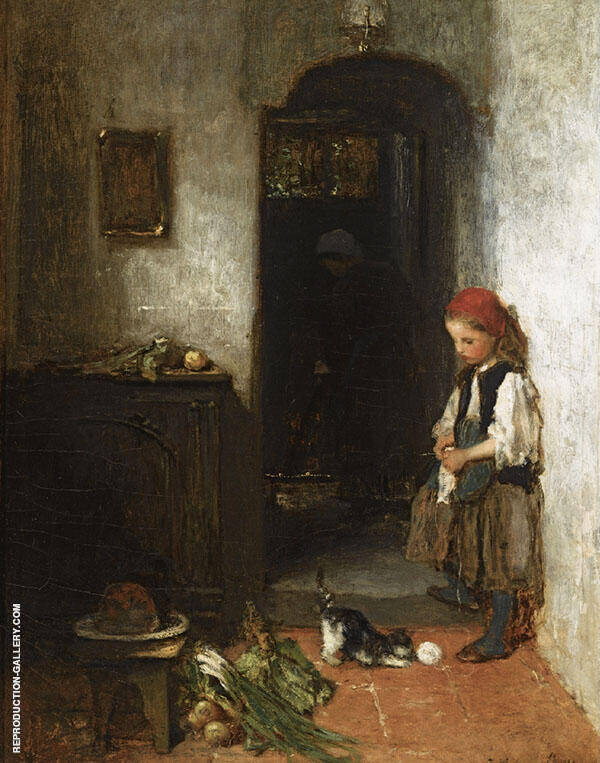 A Girl with a Playing Kitten by Jacob Maris | Oil Painting Reproduction