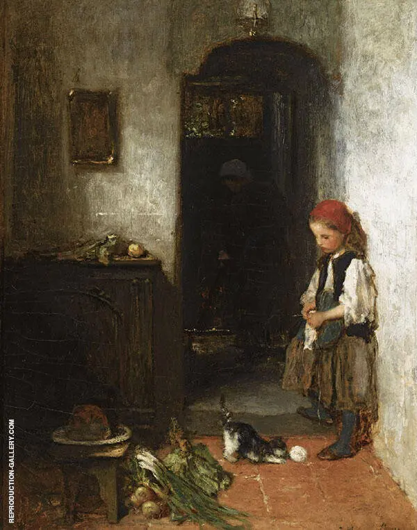 A Girl with a Playing Kitten By Jacob Maris