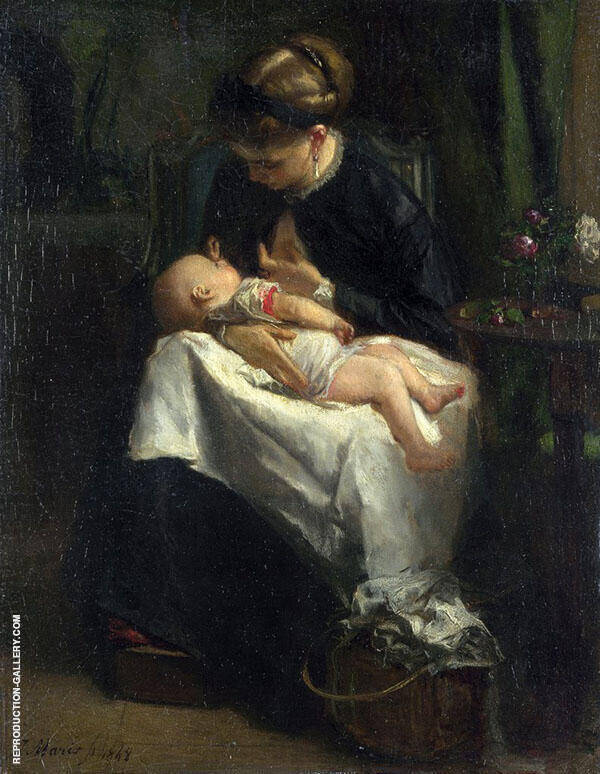 A Young Woman Nursing a Baby by Jacob Maris | Oil Painting Reproduction