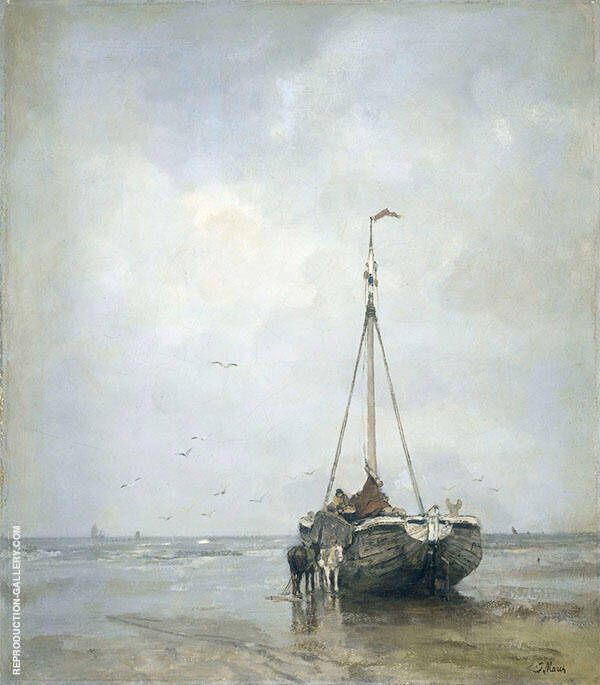 Bluff Bowed Fishing Boat on The Beach at Scheveningen 1885 | Oil Painting Reproduction