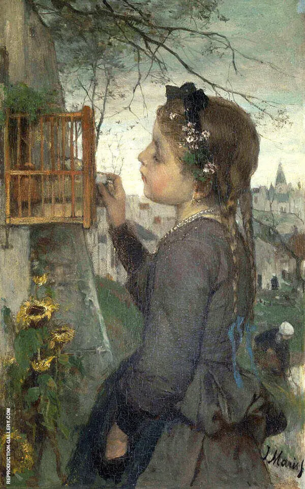 Girl Feeding her Bird in a Cage By Jacob Maris