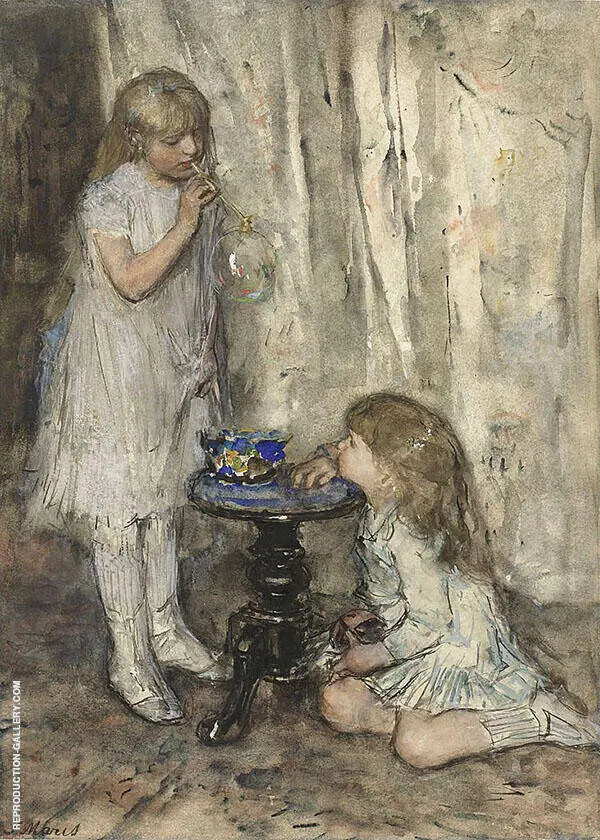 Two Girls Blowing Bubbles c1880 By Jacob Maris