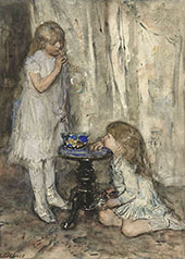 Two Girls Blowing Bubbles c1880 By Jacob Maris