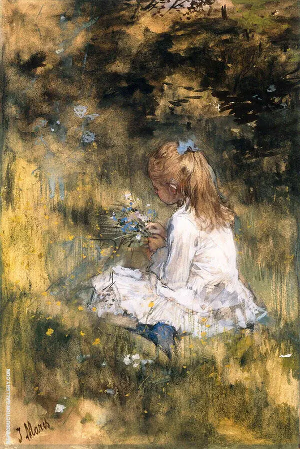 Young Girl Picking Flowers in The Grass By Jacob Maris