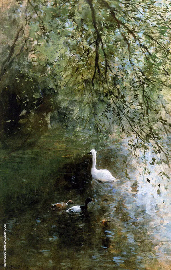 Ducks and Swan at The Waterside By Willem Maris