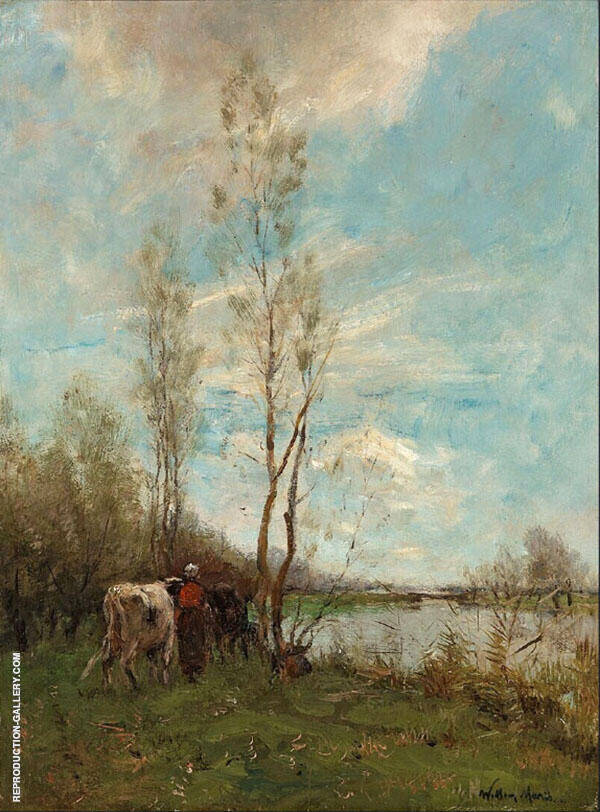 Farmer's Wife with Cattle near a Small River Summer Day | Oil Painting Reproduction