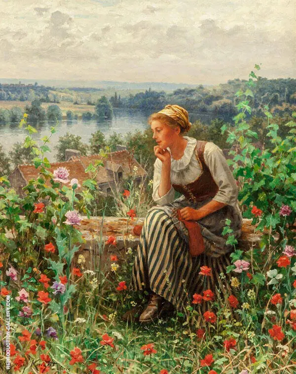 Normandy Girl Sitting in a Garden By Daniel Ridgway Knight