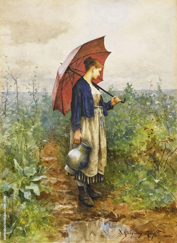 Portrait of a Woman with Umbrella Gathering Water By Daniel Ridgway Knight