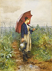 Portrait of a Woman with Umbrella Gathering Water By Daniel Ridgway Knight