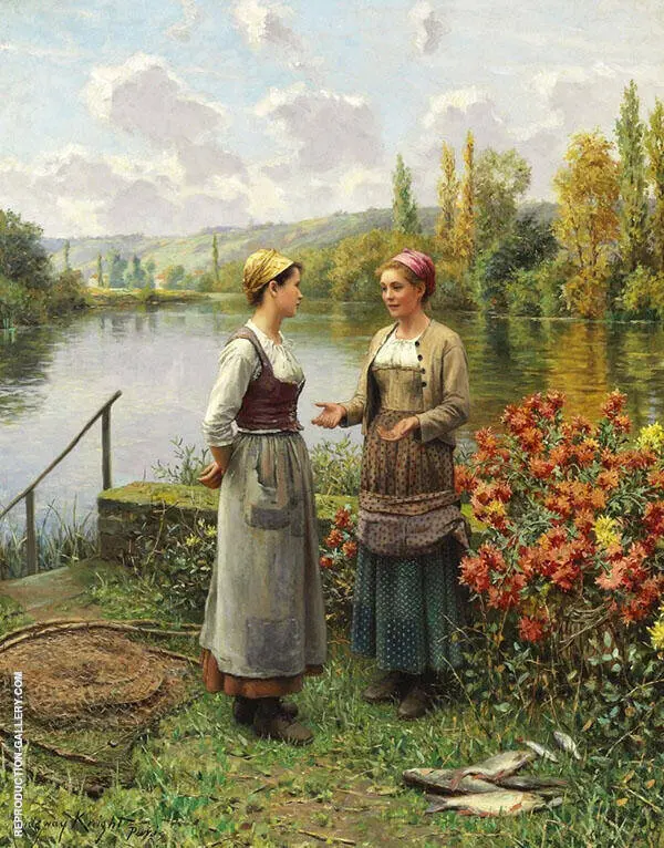 Two Women in a Landscape By Daniel Ridgway Knight