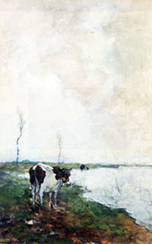 A Cow Standing By The Waterside In A Polder By Johan Hendrik Weissenbruch
