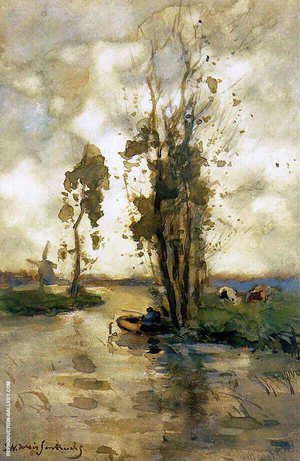 Fisherman in Polder Landscape By Johan Hendrik Weissenbruch
