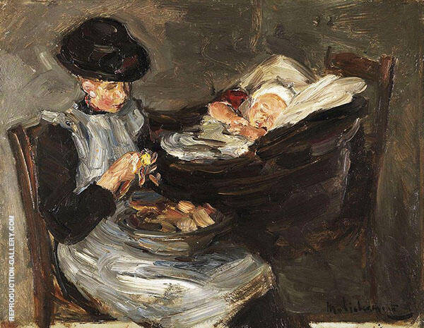 Girl from Laren Peeling Potatoes with Sleeping Child in a Basket c1887 | Oil Painting Reproduction