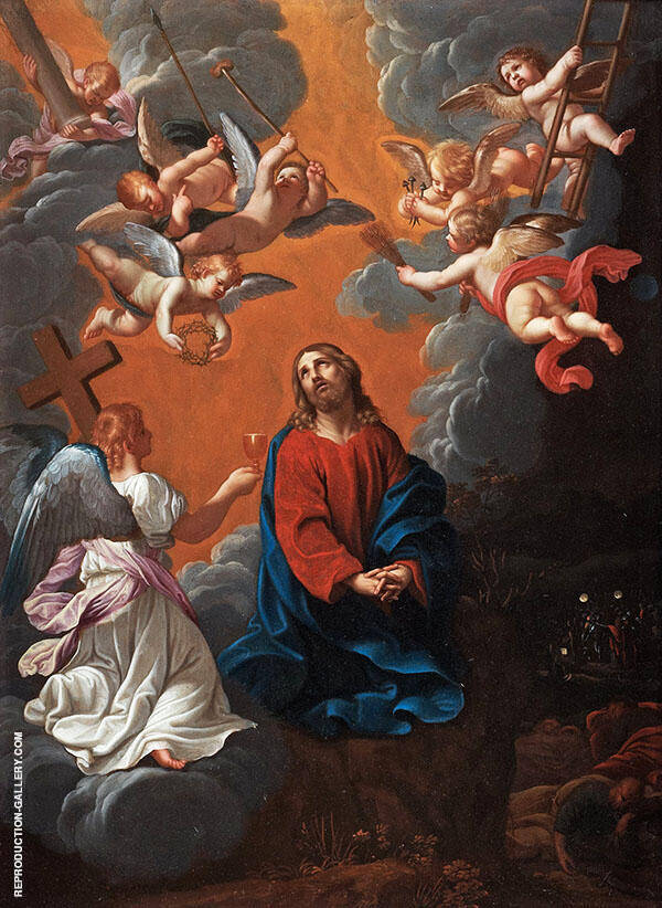 Christ in The Garden of Gethsemane Surrounded by Angels Carrying Symbols of The Passion | Oil Painting Reproduction
