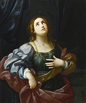 Saint Cecilia Three Quarter Length before a Purple Curtain her Organ in The Background By Guido Reni