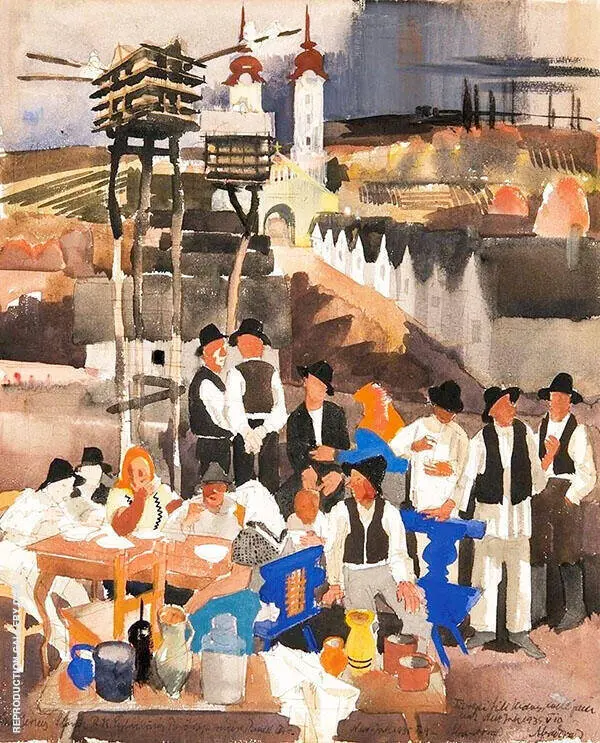 Village Scene By Vilmos aba-Novak