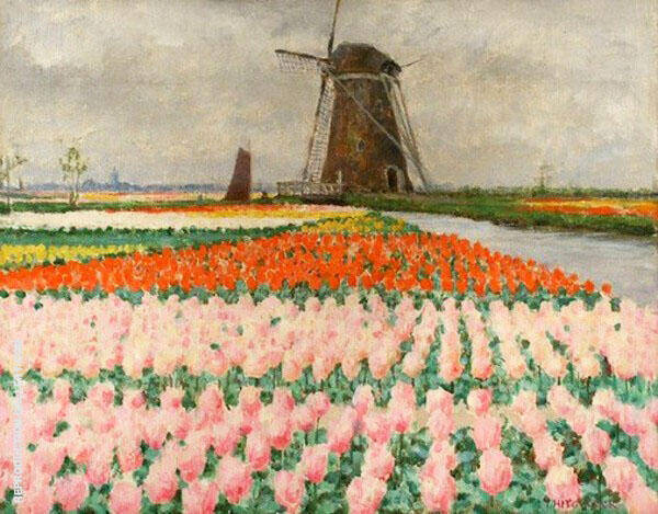 Pink Tulips Bulb Fields with Windmill | Oil Painting Reproduction