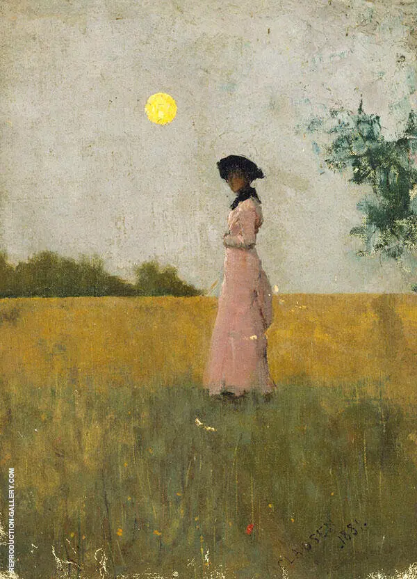 View of a Lady in Pink Standing in a Cornfield By Sir George Clausen