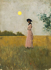 View of a Lady in Pink Standing in a Cornfield By Sir George Clausen