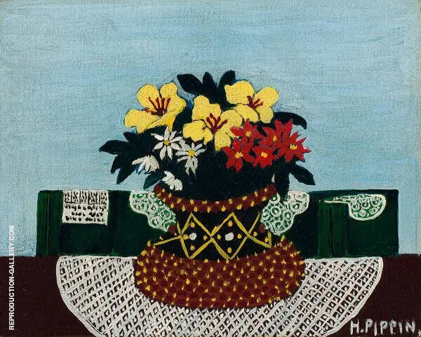 Flowers with Four Doilies 1946 By Horace Pippin