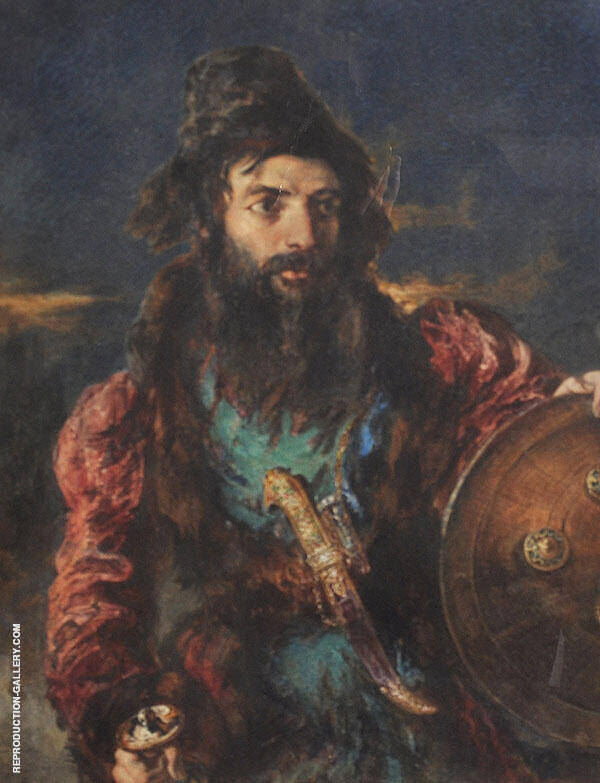 Persian Warrior Study of a Man Holding a Shield and Sword with a Dagger on his Waistband | Oil Painting Reproduction