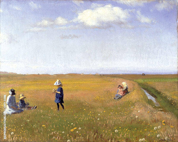 Children and Young Girls Picking Flowers in a Field North of Skagen | Oil Painting Reproduction
