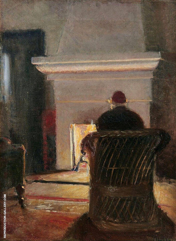 Interior with Holger Drachmann at The Fireplace in Villa Pax Skagen | Oil Painting Reproduction