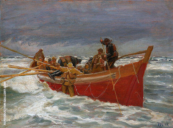 The Red Lifeboat on its way out to the Sea | Oil Painting Reproduction