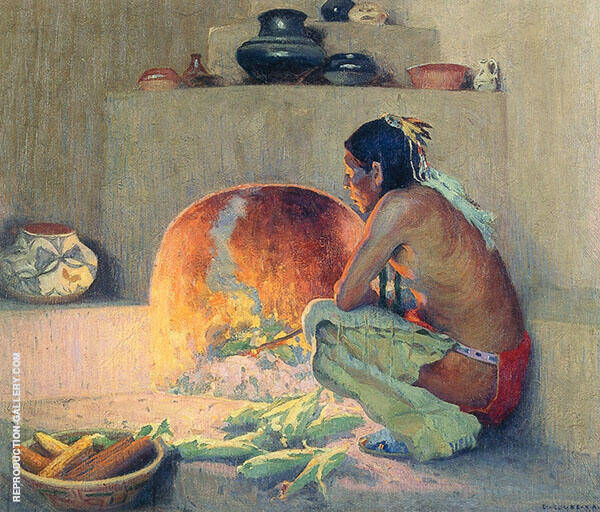 by The Fire c1921 by E. Irving Couse | Oil Painting Reproduction