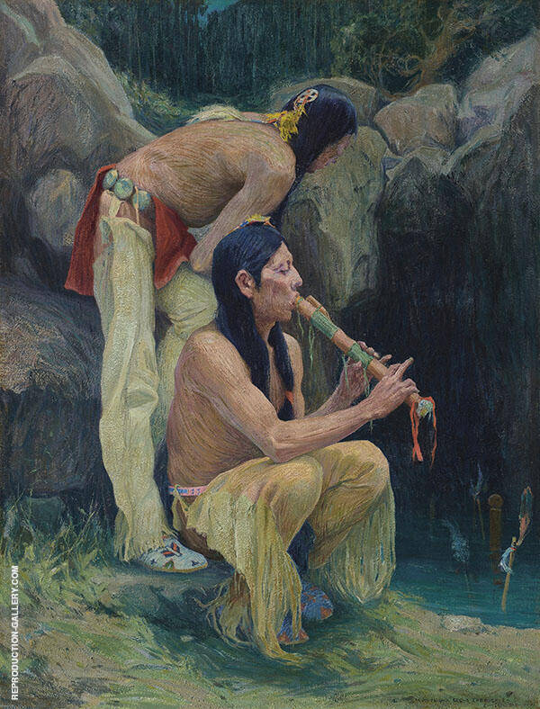 Flute Player at The Spring by E. Irving Couse | Oil Painting Reproduction