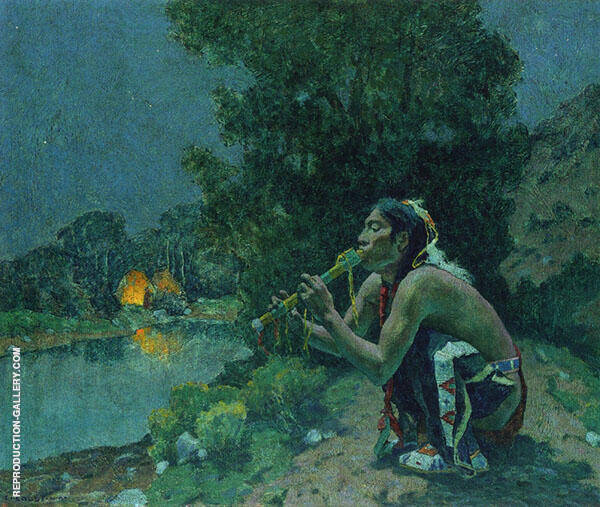 Flute Song Moonlight 1927 by E. Irving Couse | Oil Painting Reproduction