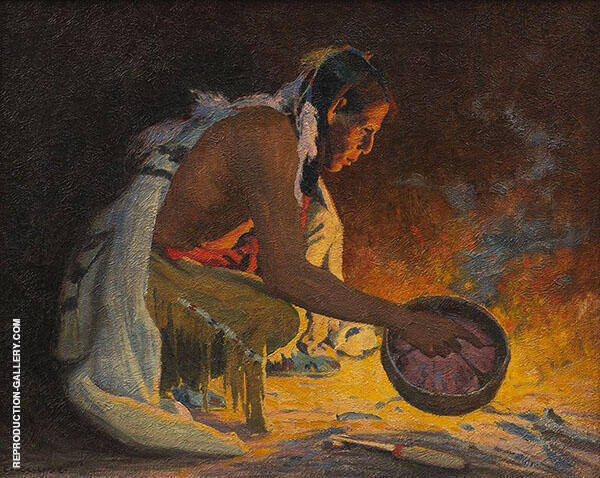Indian by Firelight by E. Irving Couse | Oil Painting Reproduction