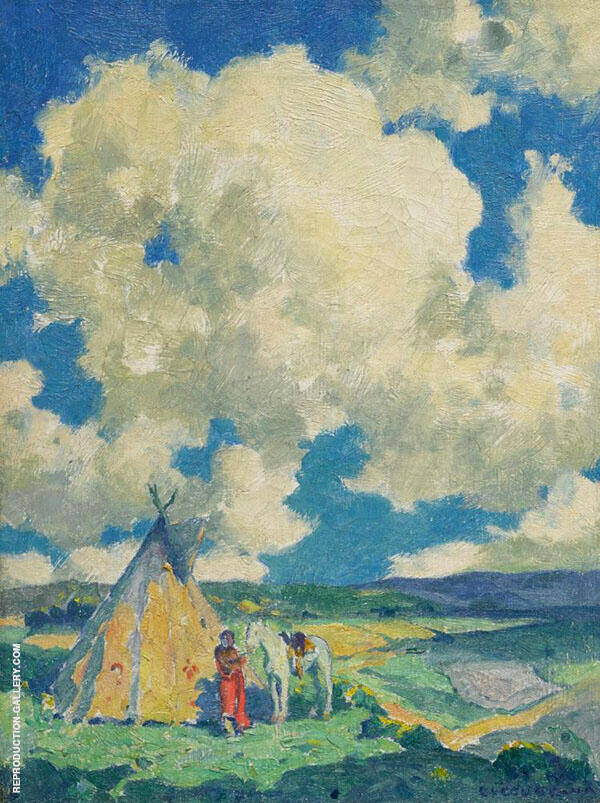 Indian Camp Sunlight by E. Irving Couse | Oil Painting Reproduction