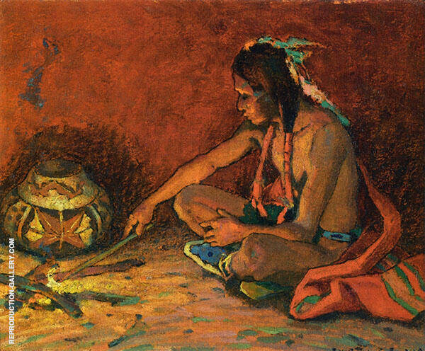 Pueblo Fireside 1930 by E. Irving Couse | Oil Painting Reproduction