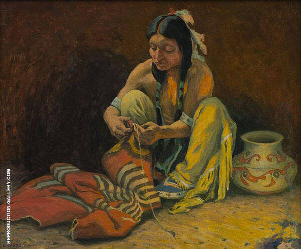 The Blanket Mender c1934 by E. Irving Couse | Oil Painting Reproduction